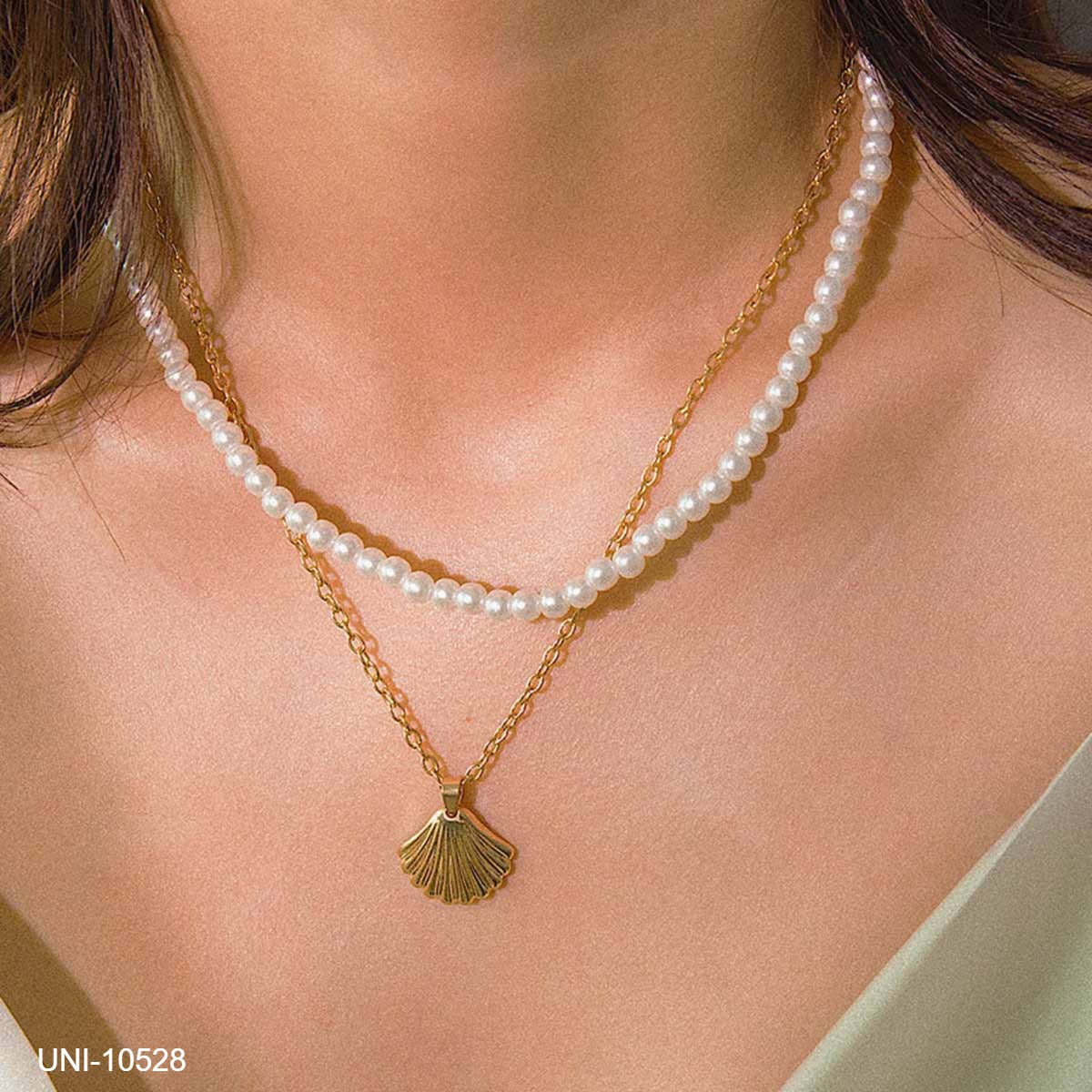 UNI-10528 - Beaded Pearl & Sea Shell Gold - Necklace
