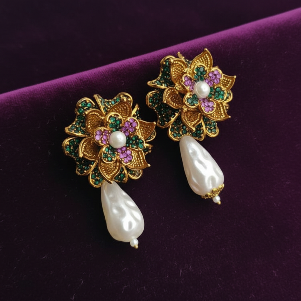 PJ-188 - Purple & Green Flower Luxury Vintage Gold - Earring