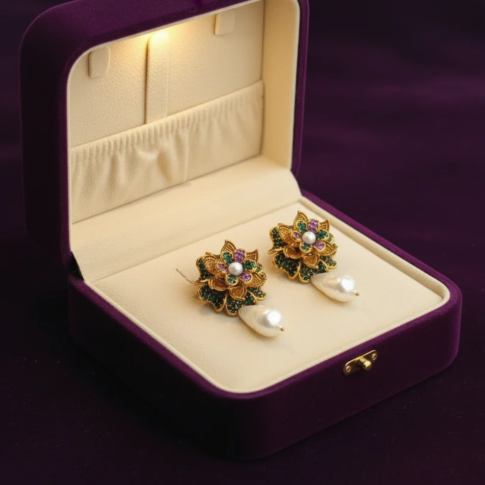 PJ-188 - Purple & Green Flower Luxury Vintage Gold - Earring
