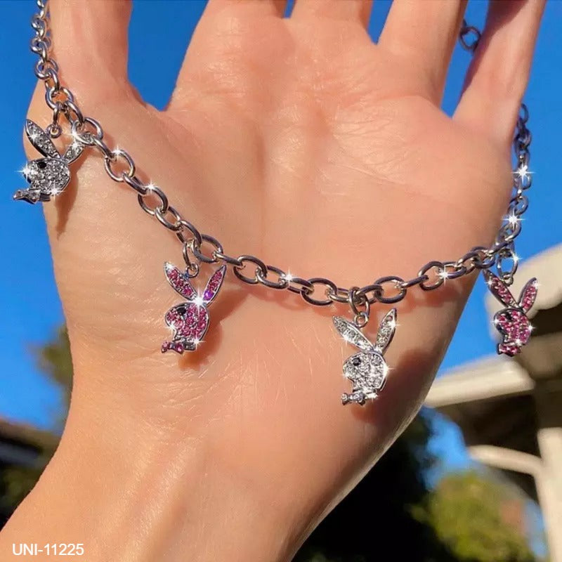 UNI-11225 - Bunny Pink & White Diamond Silver - Necklace