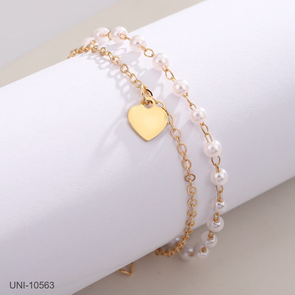 UNI-10563 - Pearly Chain Gold Heart - Bracelet Set Of 2