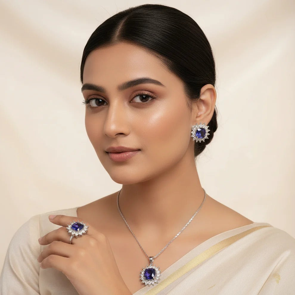 PJ-106 - Purple Natural Stone Silver - Jewelry Set Of 3