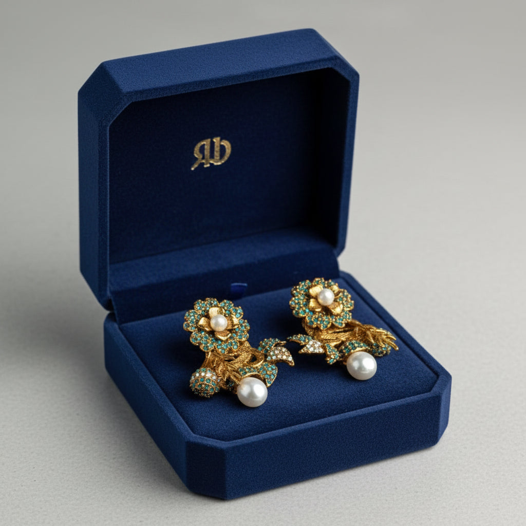 PJ-197 - Green Flower Leaf Luxury Vintage Gold - Earring