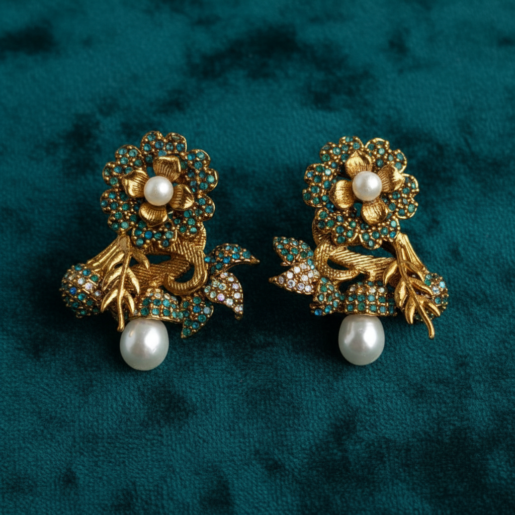 PJ-197 - Green Flower Leaf Luxury Vintage Gold - Earring