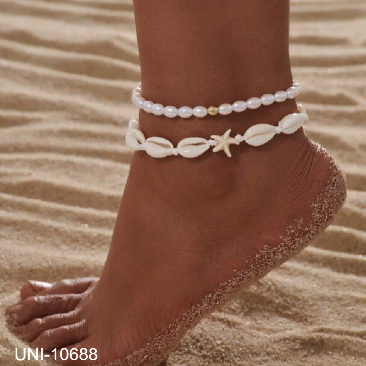 UNI-10688 - Shell & Star Fish Beaded Pearls - Anklet Set of 2 Style 1