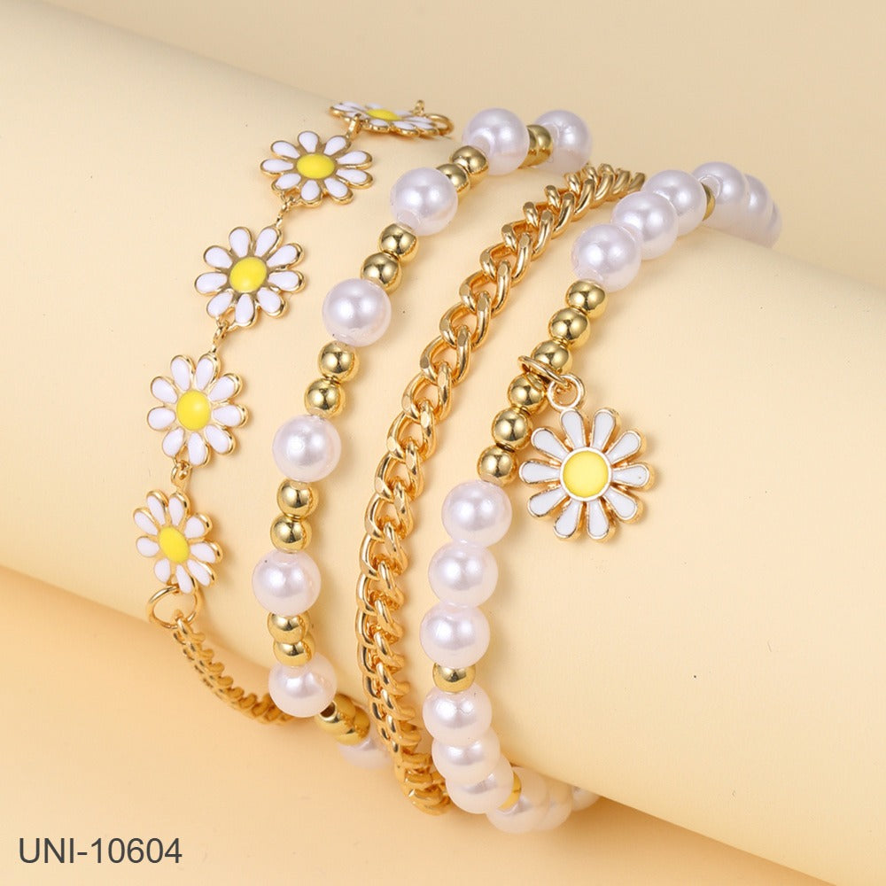 UNI-10604 - Daisy Flower & White Pearly - Bracelet Set of 4