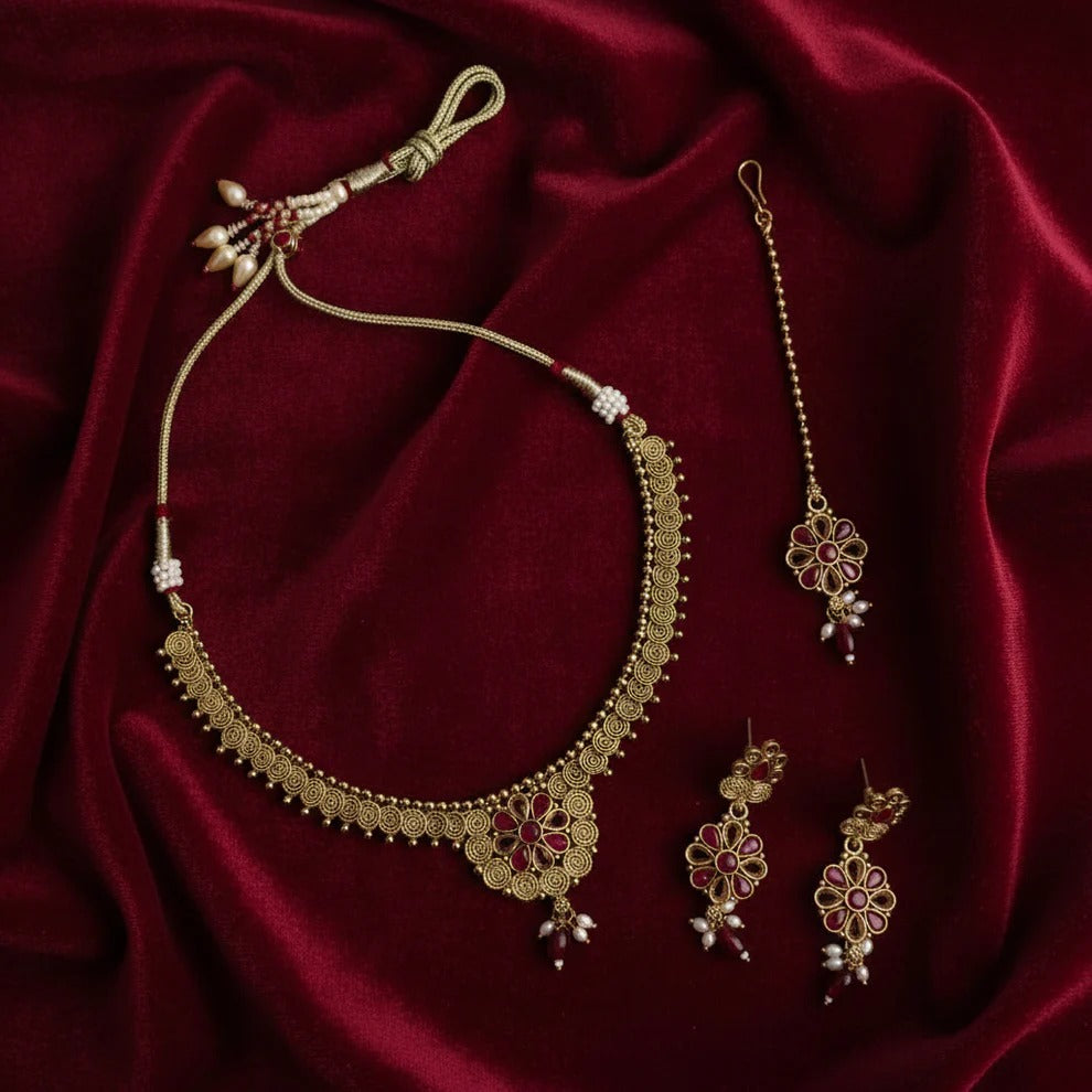 PJ-124 - Premium Gold Flowers Maroon & Pink Diamonds - Jewelry Set