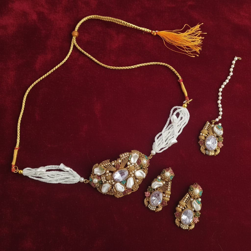 PJ-172 - Luxury Pearl & Diamonds Mala - Jewelry Set Style 2