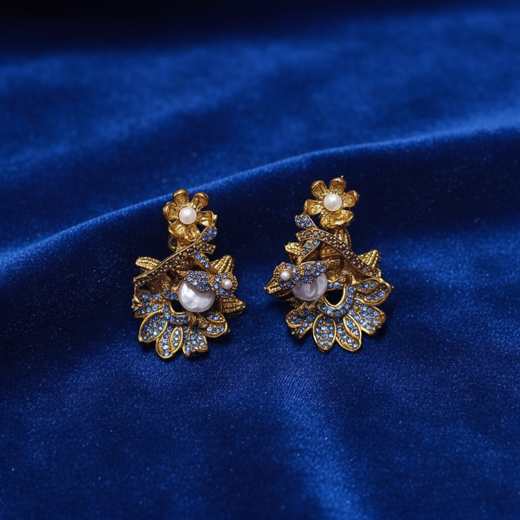 PJ-184 - Luxury Blue Flower Vintage Gold - Earring