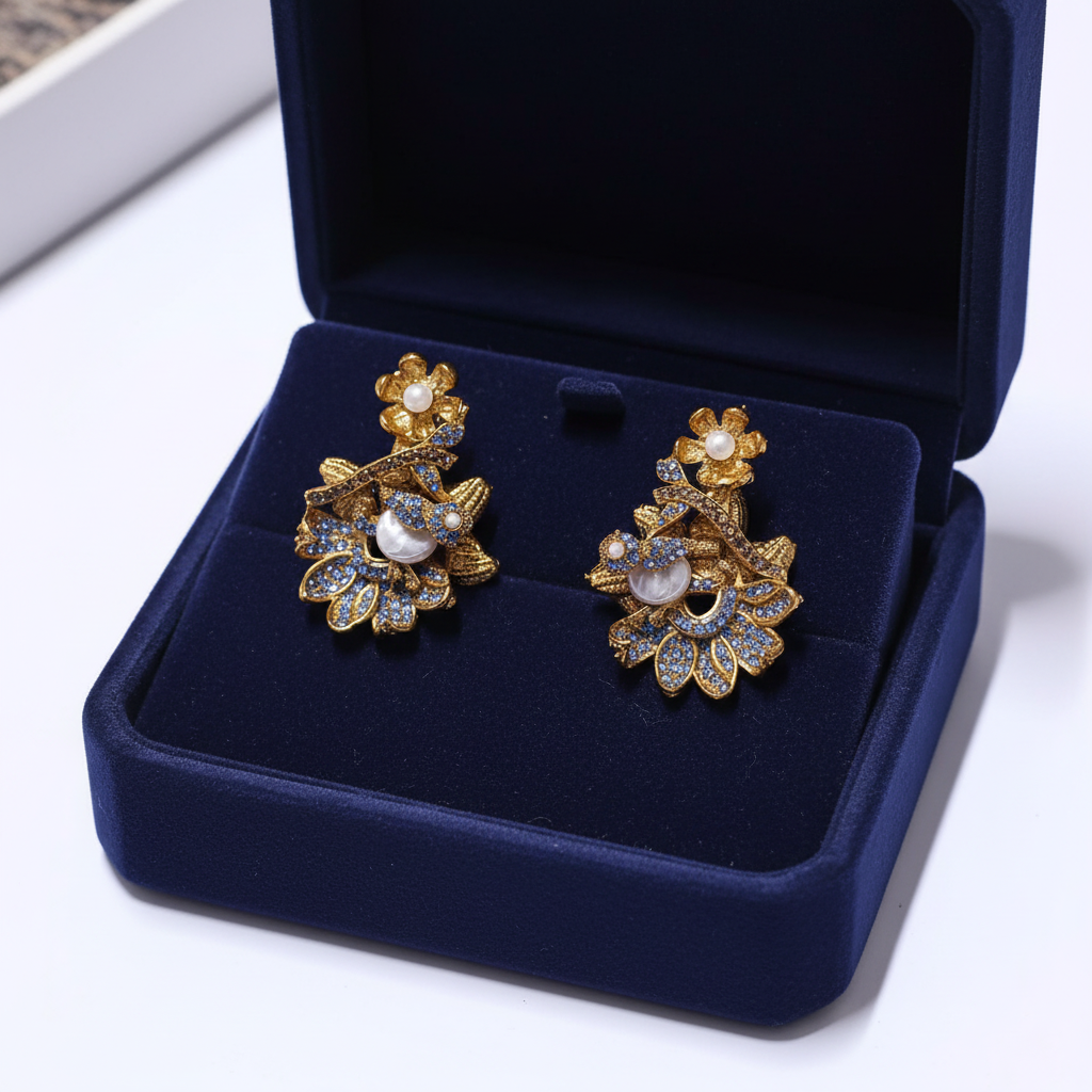 PJ-184 - Luxury Blue Flower Vintage Gold - Earring