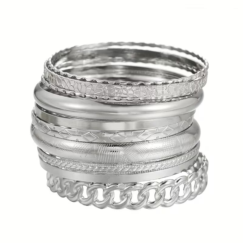UNI-10636-6 - Classy Silver Bangle - Bracelet Set Of 10