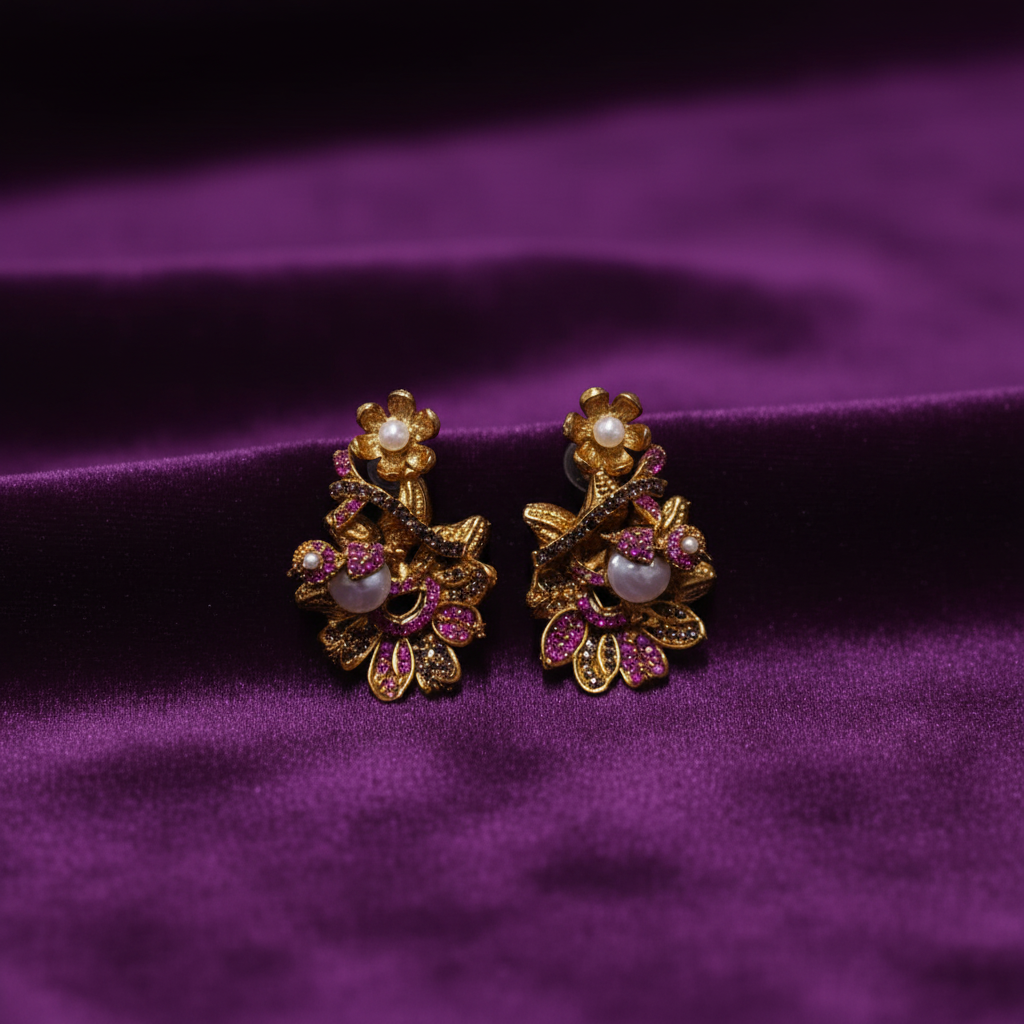 PJ-185 - Luxury Purple Flower Vintage Gold - Earring