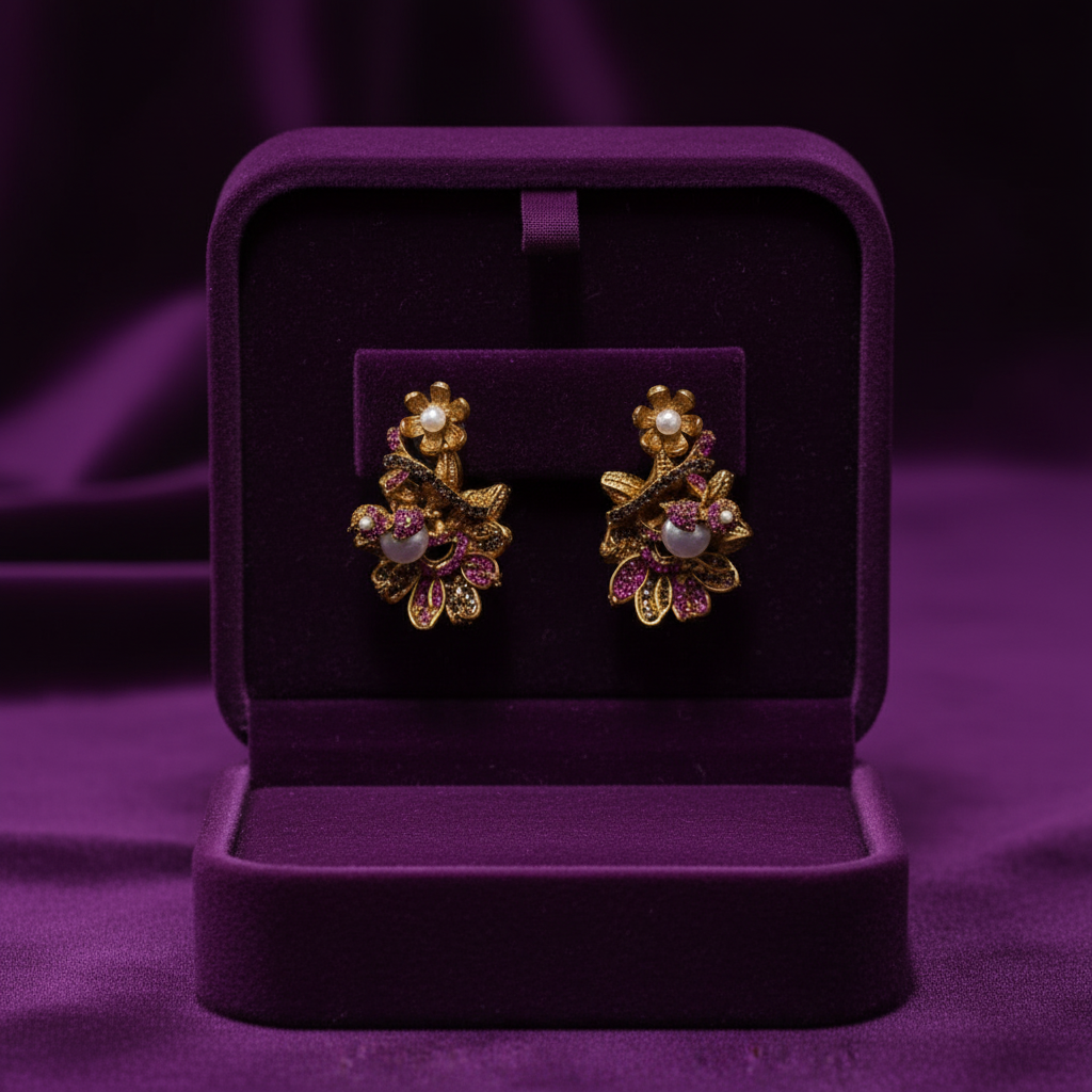 PJ-185 - Luxury Purple Flower Vintage Gold - Earring