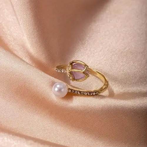 UNI-12623 - Light Purple Tulip Flower & Pearl - Ring