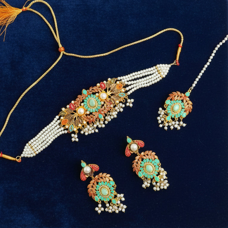 PJ-175 - Luxury Pearl & Diamonds Mala - Jewelry Set Style 2