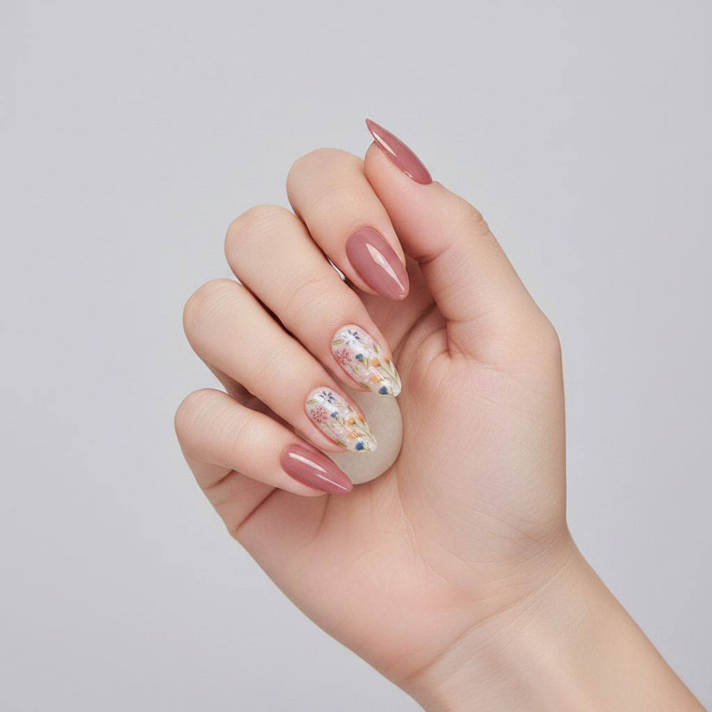 N-126 - Florals & Primrose Pink - Press On Nail Set Of 24 - Free 24 Pcs Sticker Sheet Included