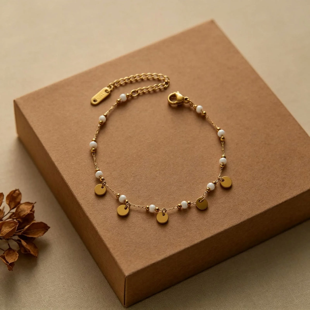 SS-12523 - White Beads & Gold Chain - Bracelet