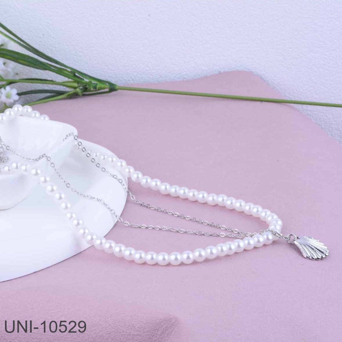 UNI-10529 - Beaded Pearl & Sea Shell Silver - Necklace