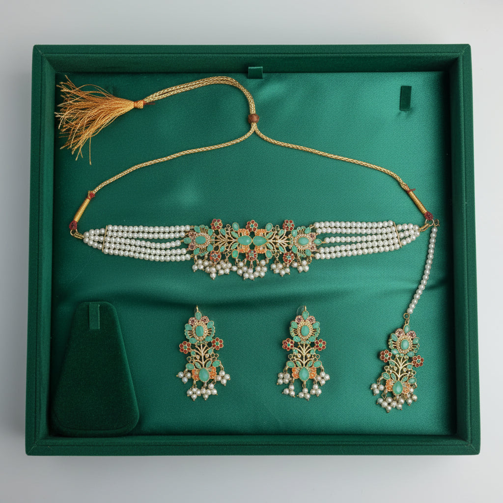 PJ-154 - Mint Green & Gold Mala - Jewelry Set