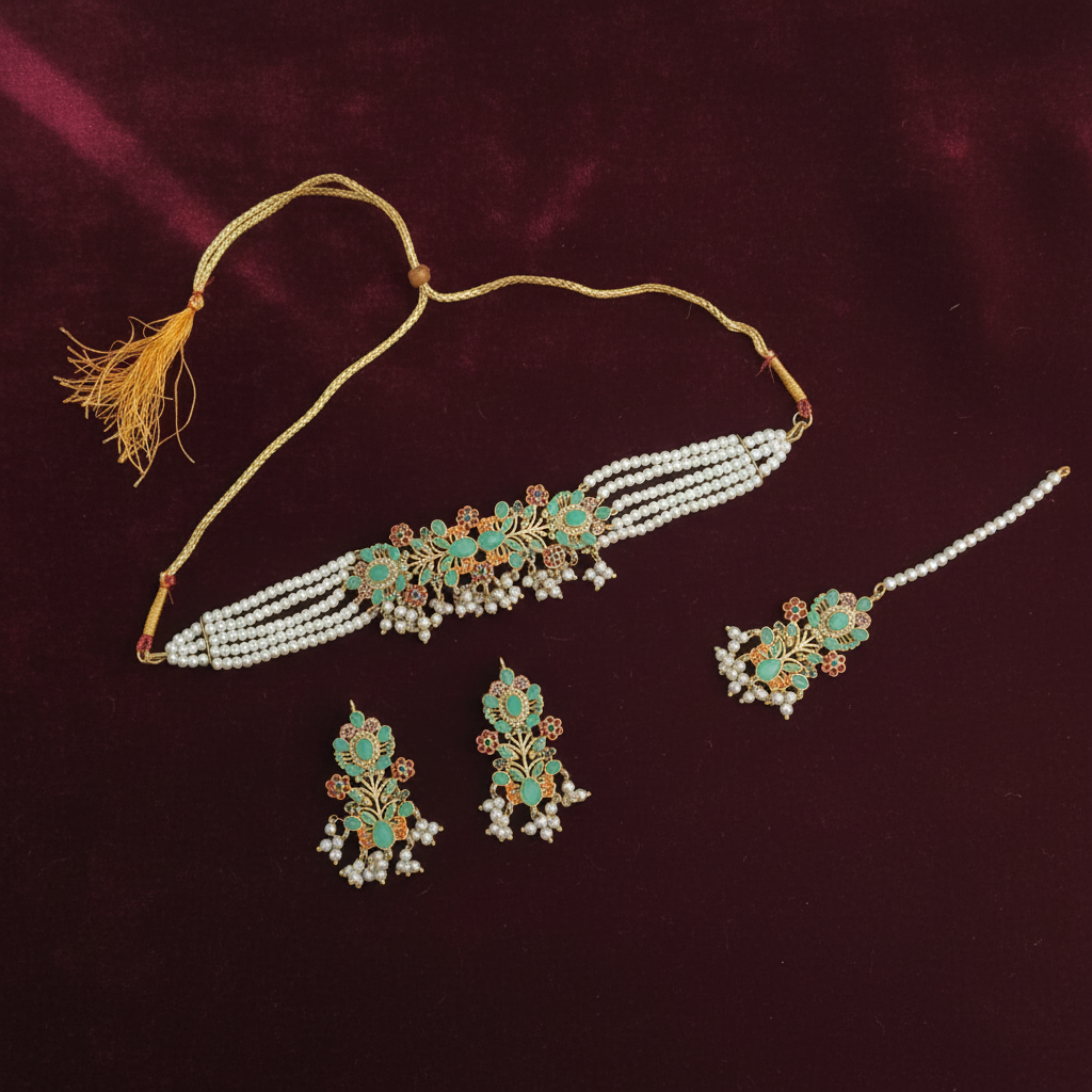 PJ-154 - Mint Green & Gold Mala - Jewelry Set
