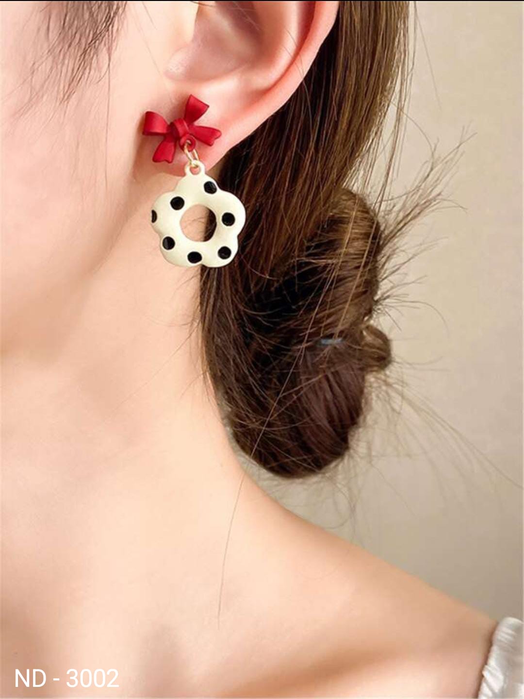 ND - 3002 - Red Bow & Polka Flower - Earring