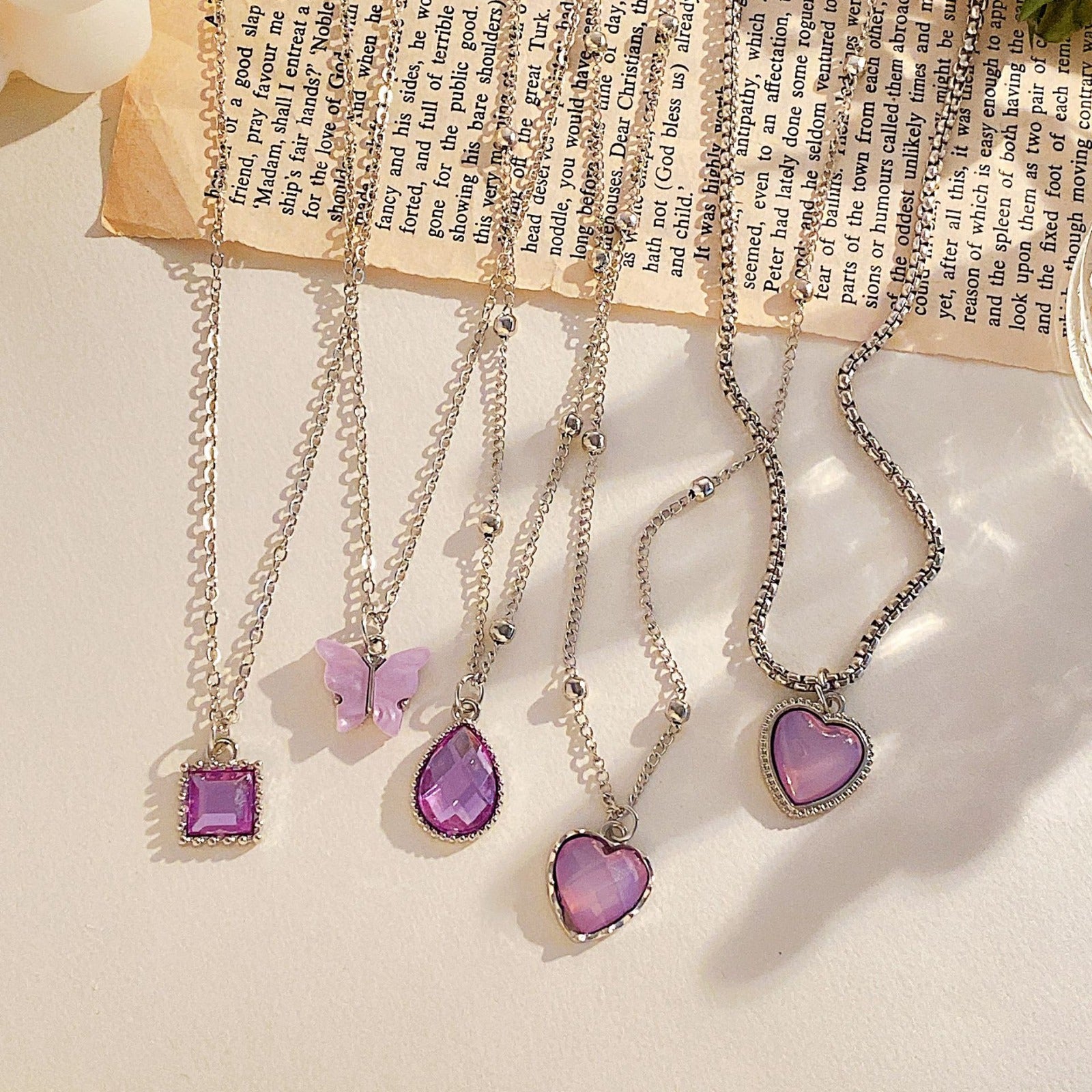 UNI-10595 - Purple Gem & Butterfly - Necklace Set Of 5