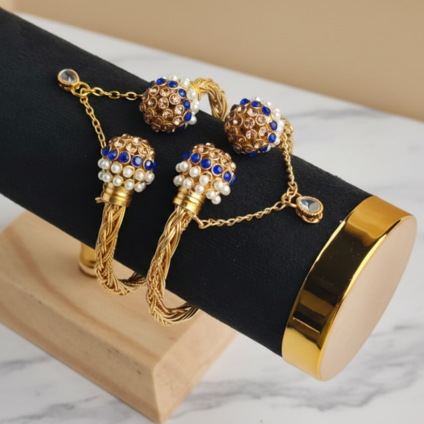 CH-60 - Luxury Pearl & Navy Blue Diamond Gold - Bangle Set Of 2