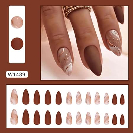 N-479-1 - Marbled & Brown - Press On Nail Set Of 24 - Free 24 Pcs Sticker Sheet Included