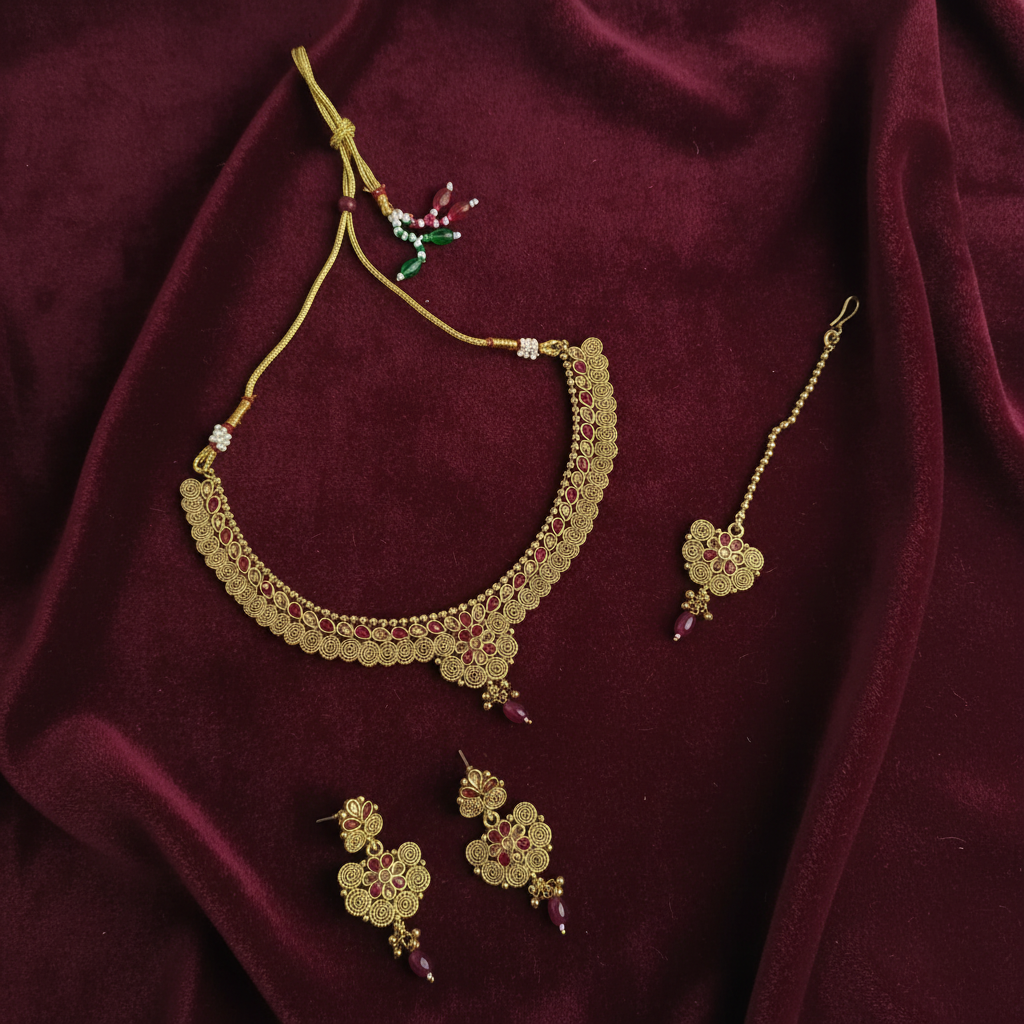 PJ-210 - Premium Gold Pearl Maroon Diamonds Flowers - Jewelry Set