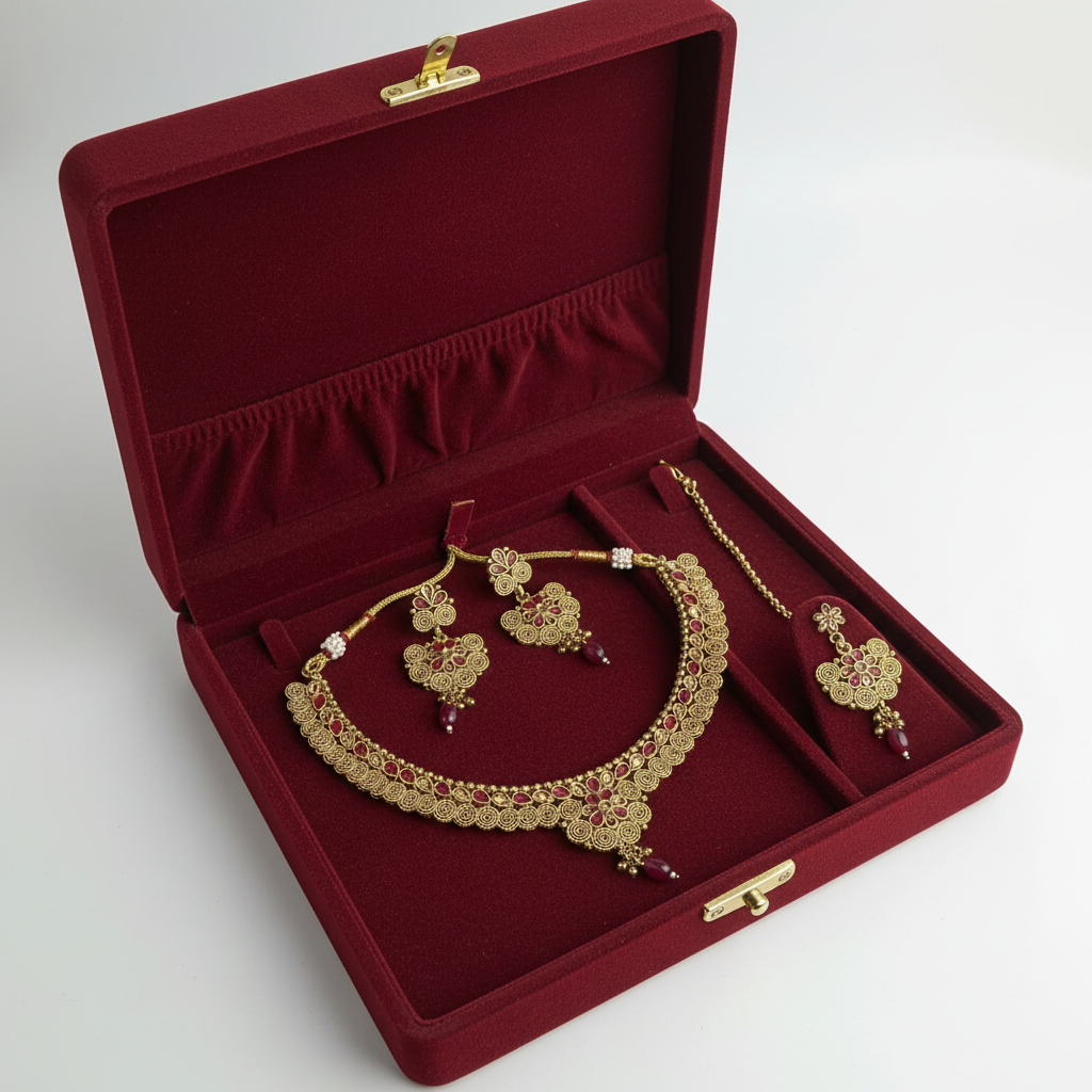 PJ-210 - Premium Gold Pearl Maroon Diamonds Flowers - Jewelry Set