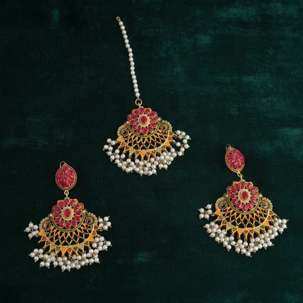 PJ-161 - Luxury Pearls & Hot Pink Diamonds Gold - Jewelry Set
