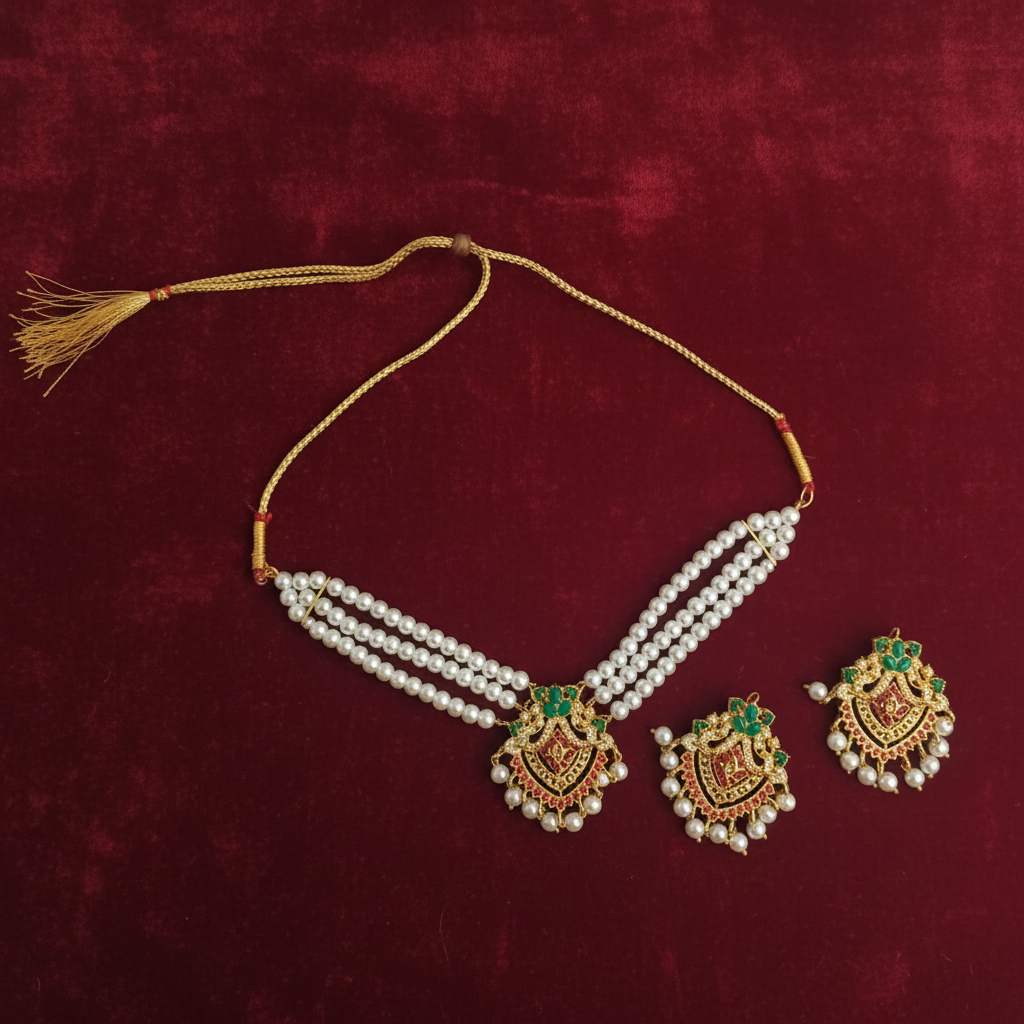 PJ-195 -  Pearl & Green Diamonds - Jewelry Set