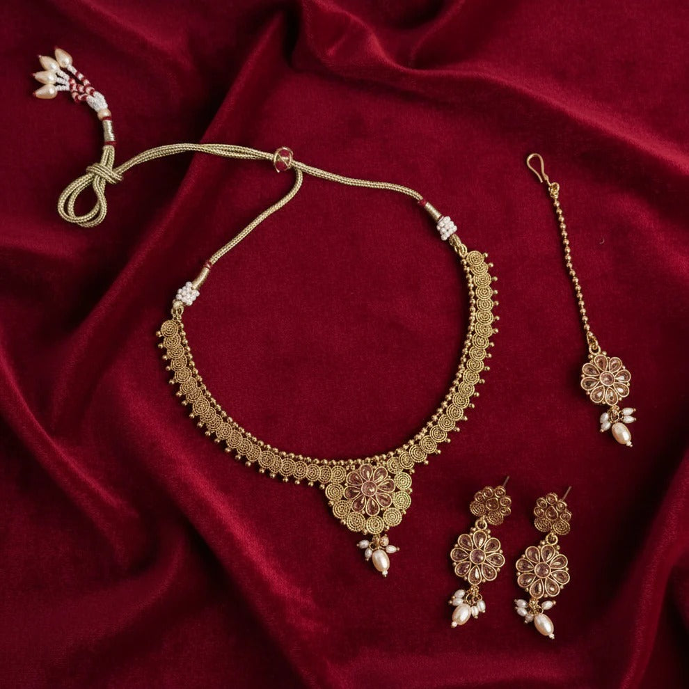 PJ-125 - Premium Gold Flowers Pink Diamonds  Jewelry Set