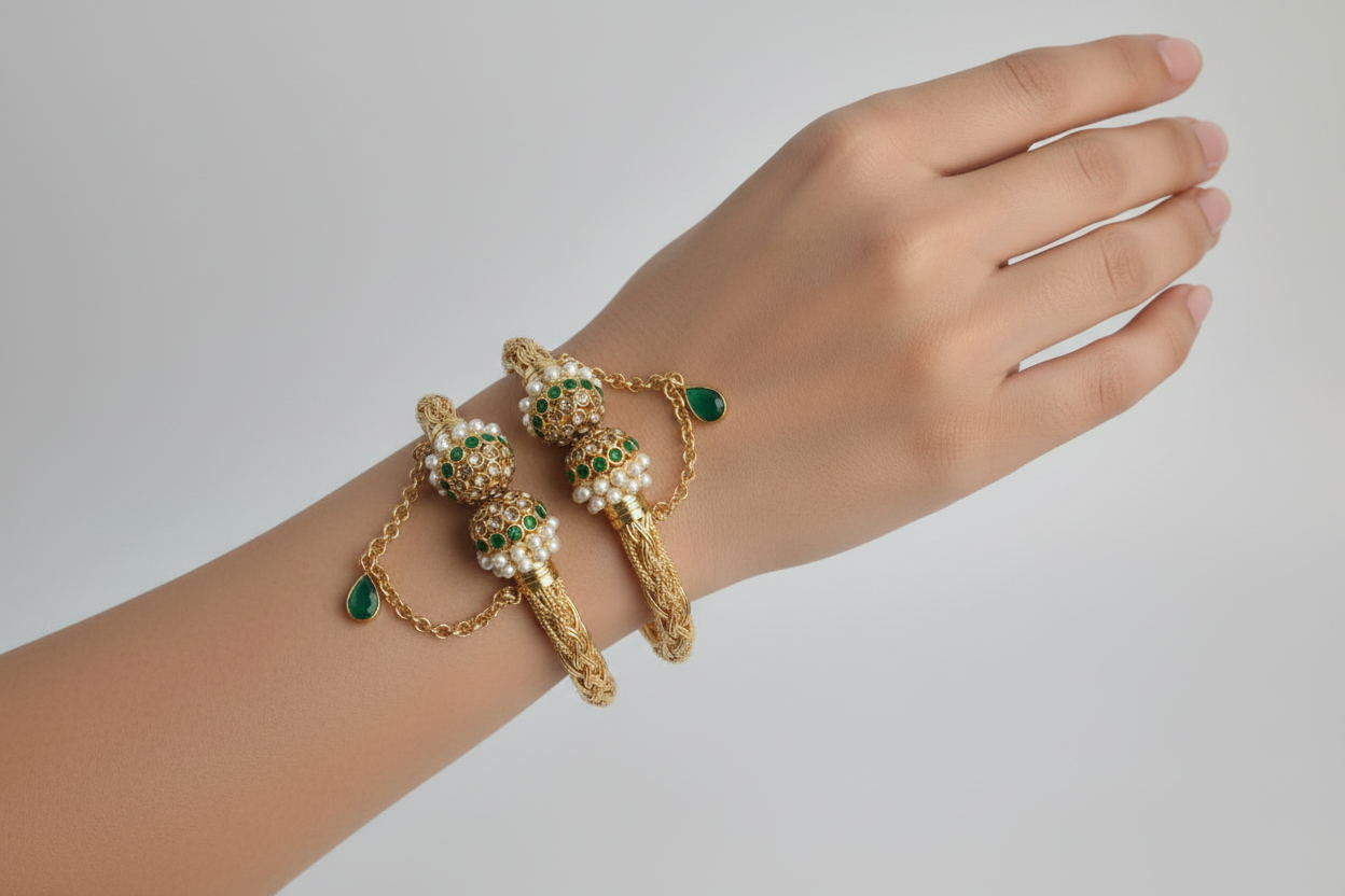 CH-58 - Luxury Pearl & Green Diamond Gold - Bangle  Set Of 2