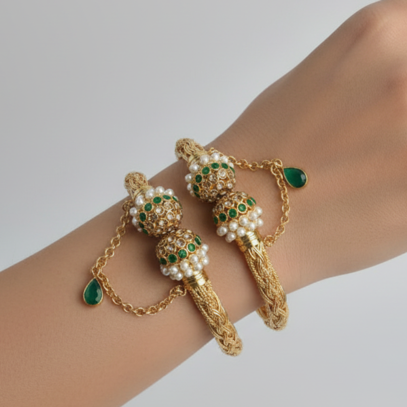CH-58 - Luxury Pearl & Green Diamond Gold - Bangle  Set Of 2