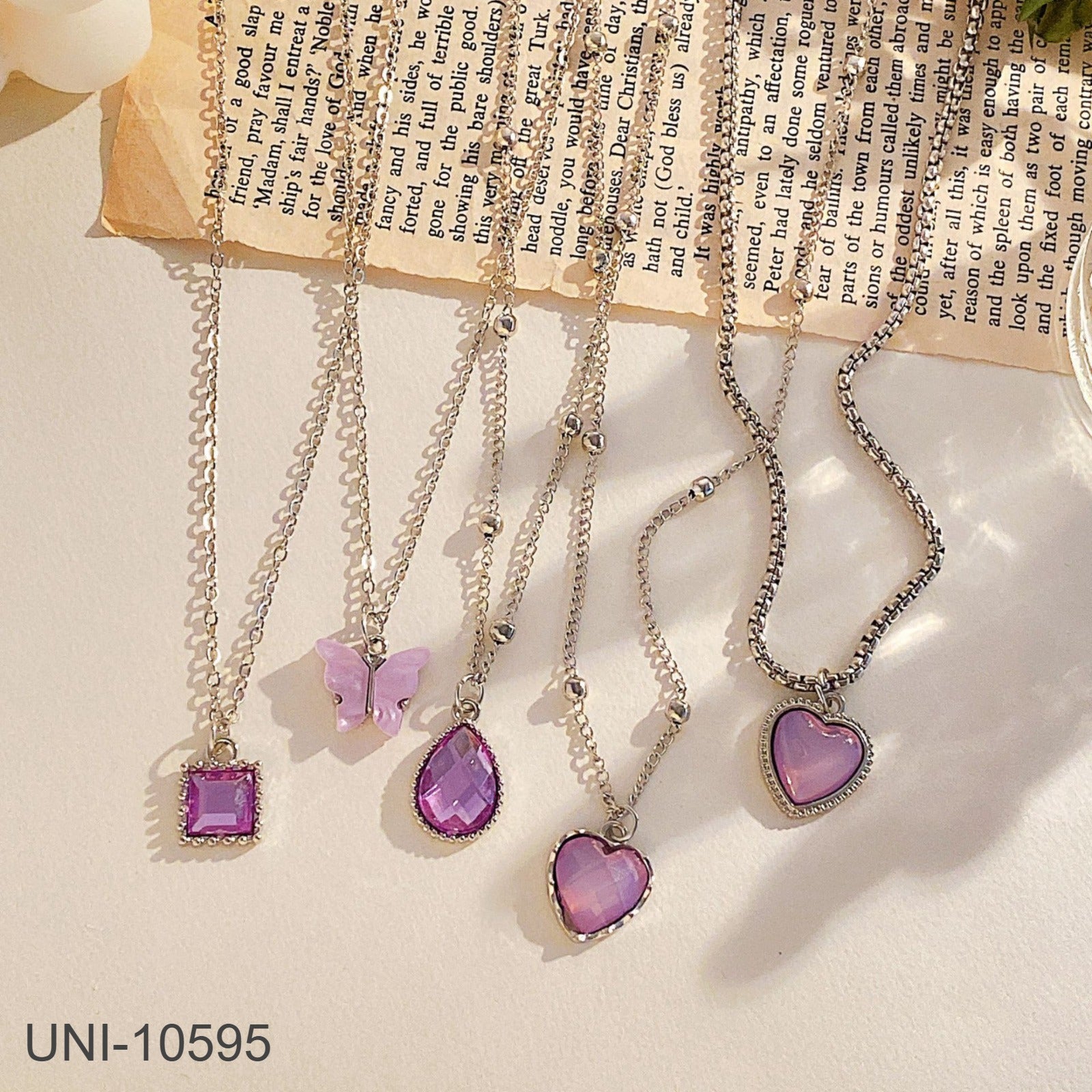 UNI-10595 - Purple Gem & Butterfly - Necklace Set Of 5
