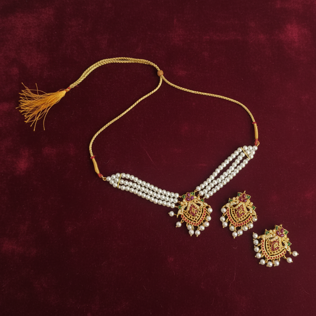 PJ-194 -  Pearl & Maroon Diamonds - Jewelry Set Style