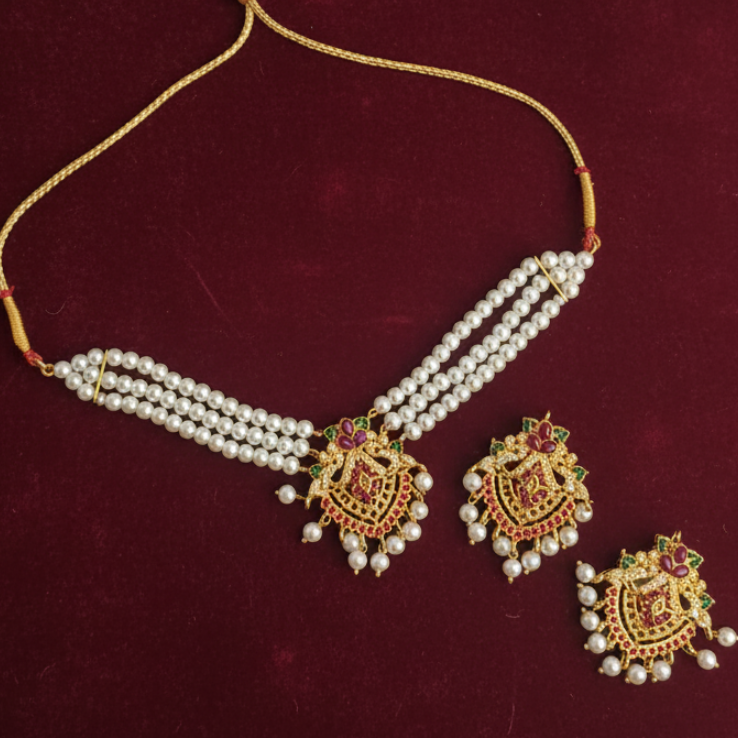 PJ-194 -  Pearl & Maroon Diamonds - Jewelry Set Style