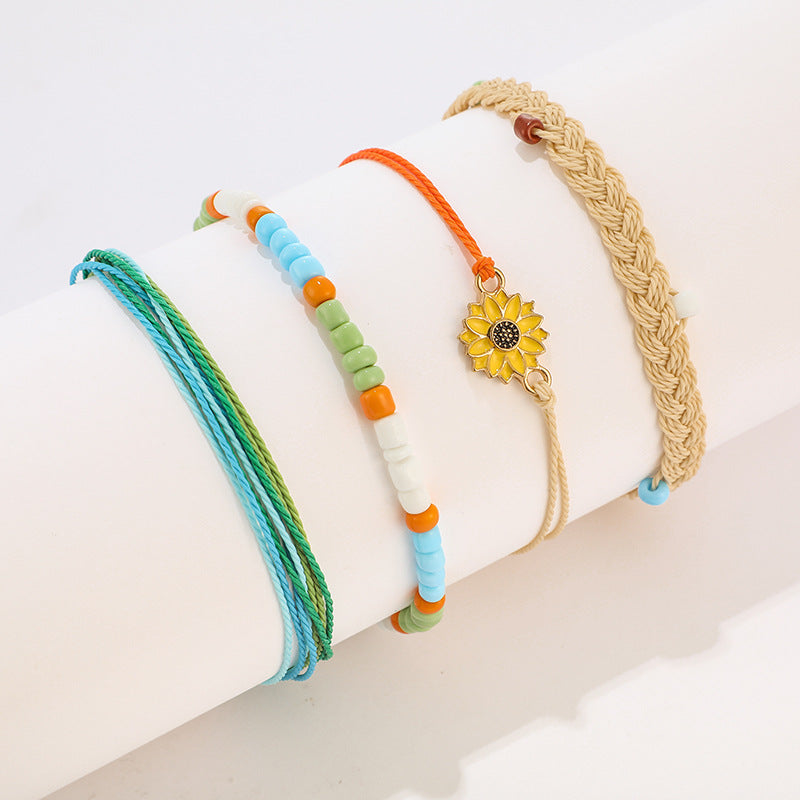 UNI-10798  - Multi Beads & Flower - Bracelet Set of 4