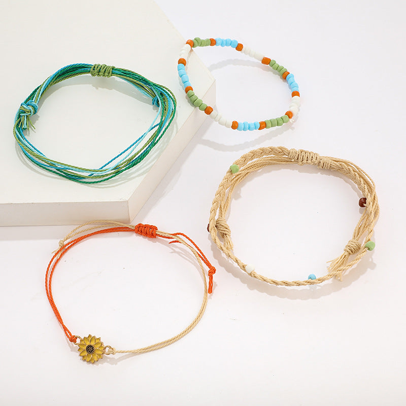 UNI-10798  - Multi Beads & Flower - Bracelet Set of 4
