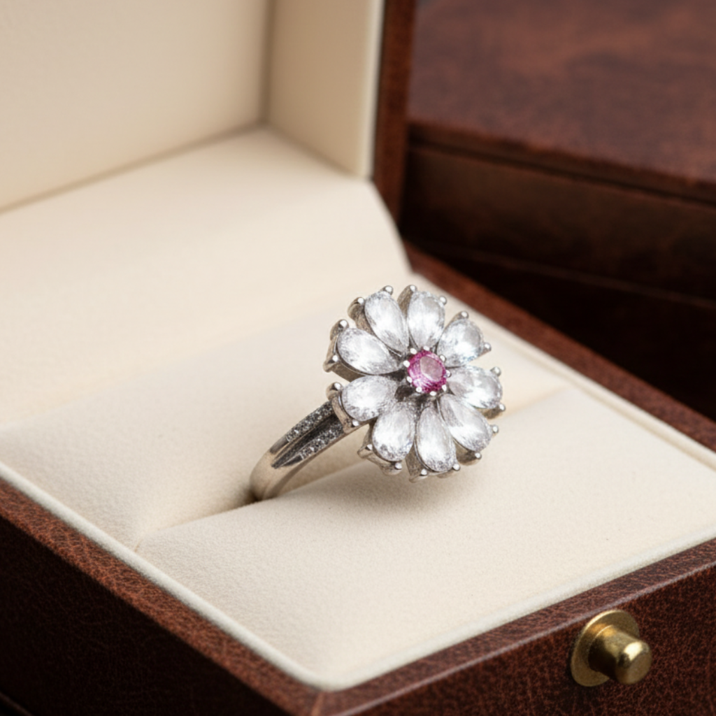 UNI-11033-3 - Pink Diamond Flower Silver - Ring