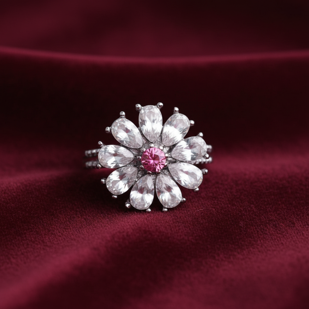 UNI-11033-3 - Pink Diamond Flower Silver - Ring