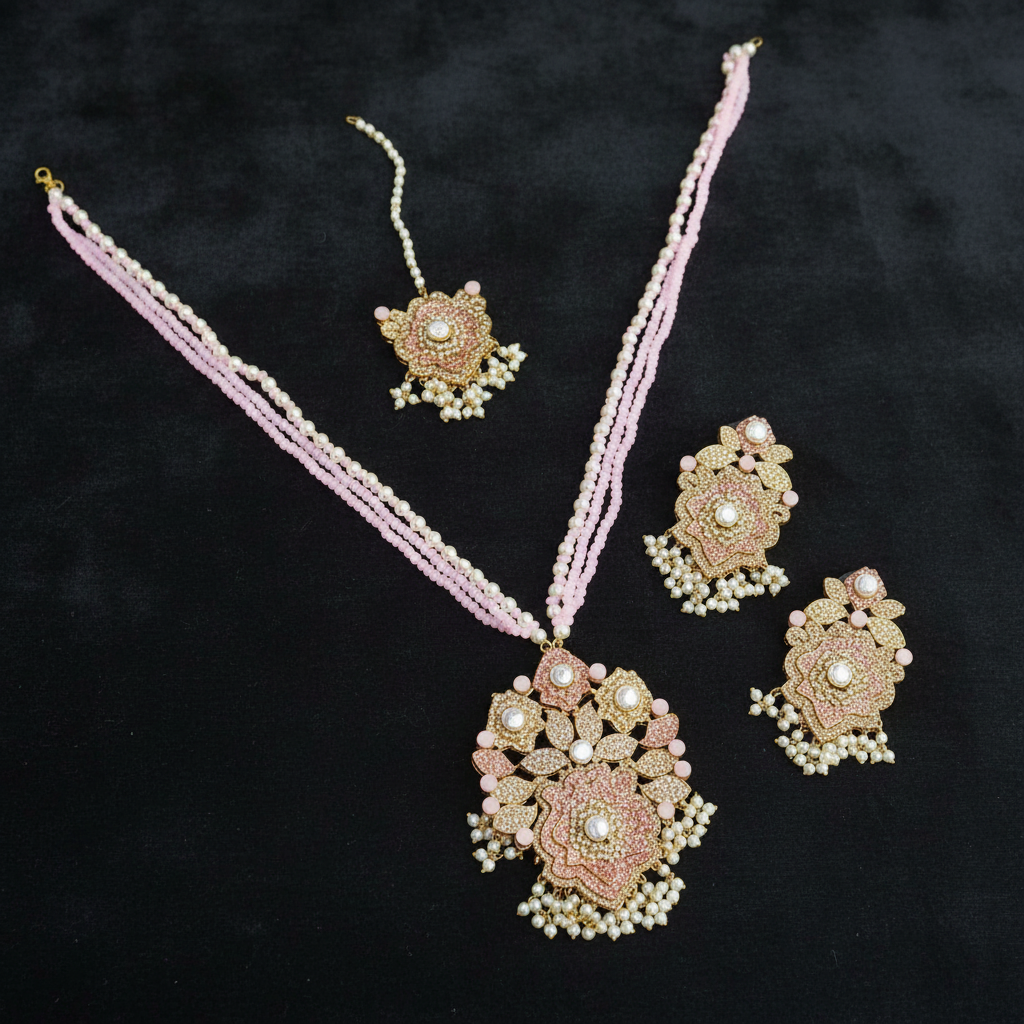 PJ-167 -  Lxury Pearl & Diamonds Mala - Jewelry Set Style 2