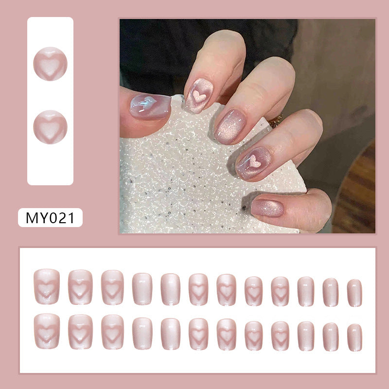 N-127 - Shiny Heart Pastel Pink  - Press On Nail Set Of 24