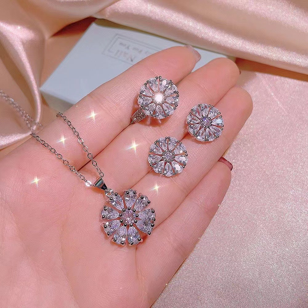UNI-11033 - Pink Diamond Flower Silver - Jewelry Set