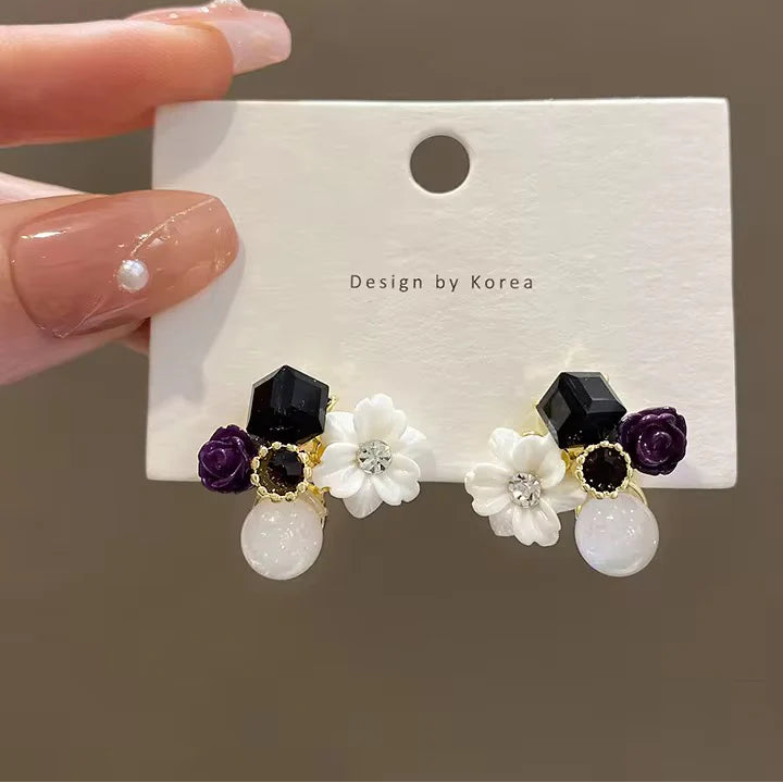 UNI-10296 - White & Purple Flower Crystal Flower - Earring