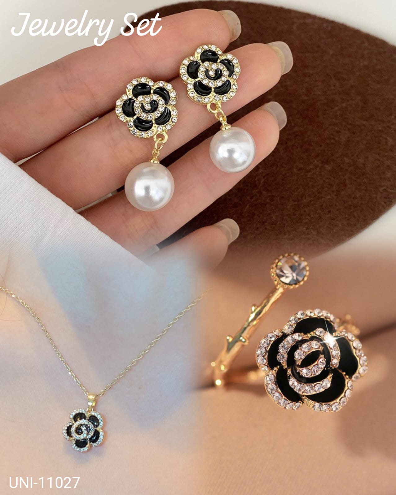 UNI-11027 - Black Flower Gold - Jewelry Set