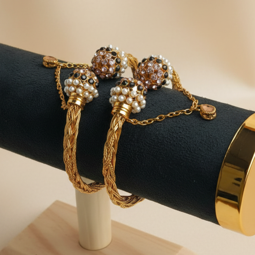 CH-59 - Luxury Pearl & Green Diamond Gold - Bangle  Set Of 2