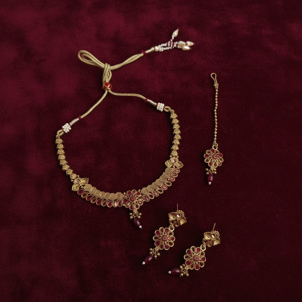 PJ-129 - Premium Maroon Gold Flowers - Jewelry Set