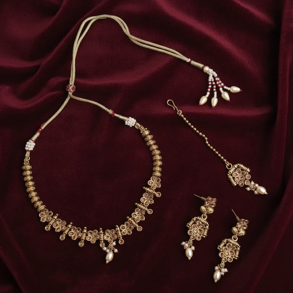 PJ-120 - Premium Gold Pearl & Diamonds Flowers - Jewelry Set